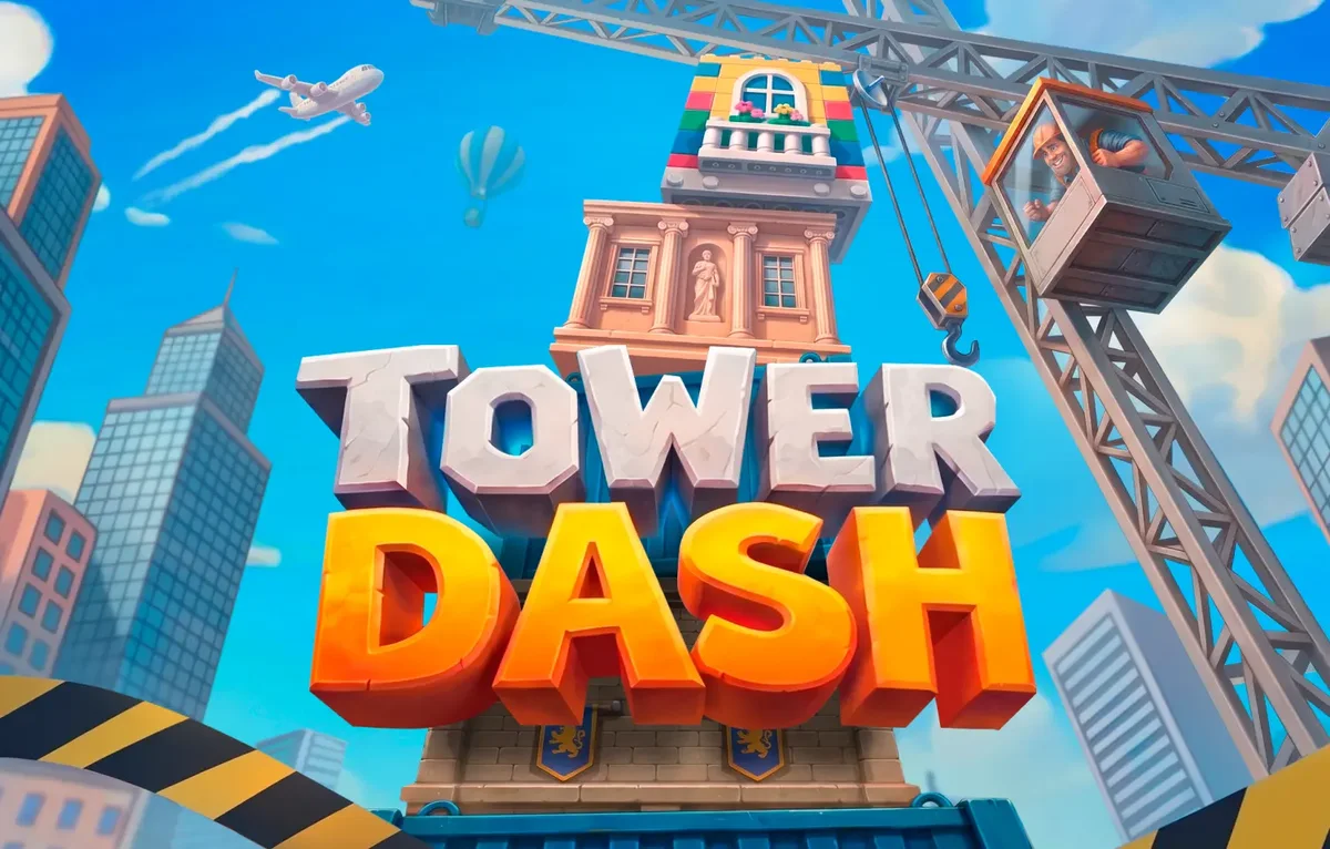 Tower Dash key art: the game wordmark in front of the stacked tower, with the crane arm and its cab overhead