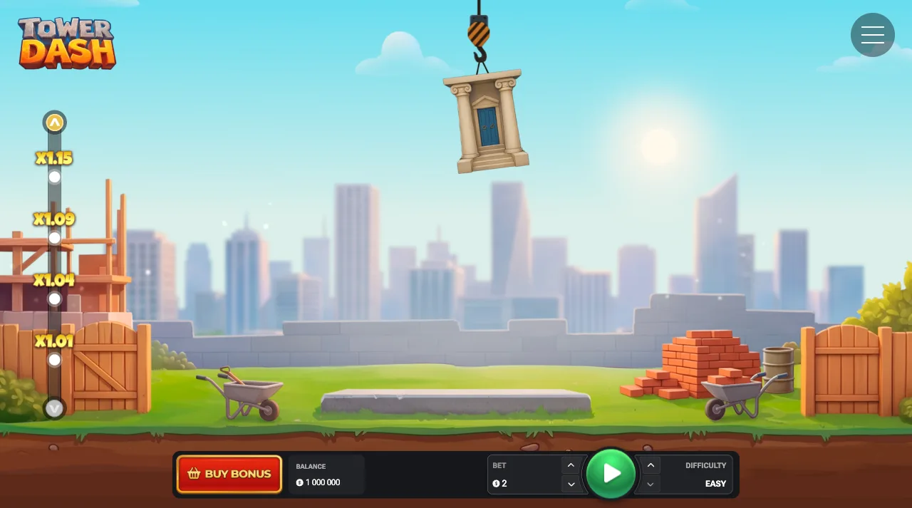 The Tower Dash round screen before the first drop: a block on the crane hook, the multiplier ladder on the left, bet and difficulty controls below